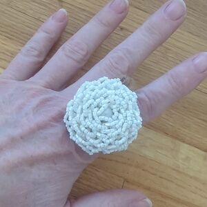 Elegant White Beaded Flower Ring